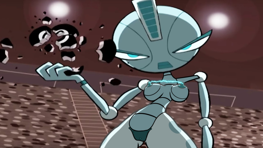 16:9 angry areola blue_areola blue_body blue_eyes breasts crowd crushing crushing_object diklonius edit electricity female hand_crush hourglass_figure huge_breasts mona_lethal pussy robot robot_girl robotboy screenshot_edit shade solo solo_female stadium stadium_background thick_thighs thin_waist