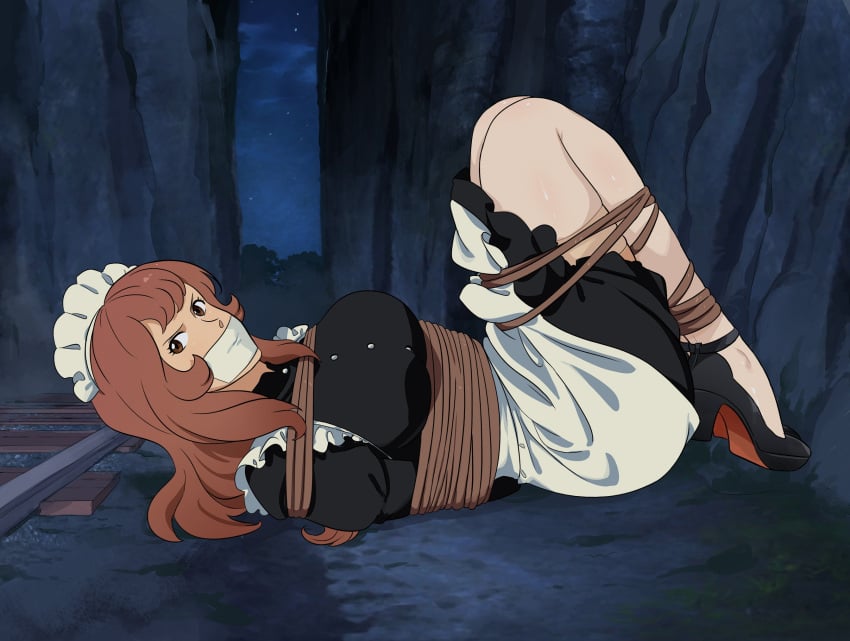 arms_tied_behind_back bondage bound_ankles bound_legs brown_eyes brown_hair gag gagged looking_at_viewer lostonezero lupin_iii maid_outfit mine_fujiko tape_gag