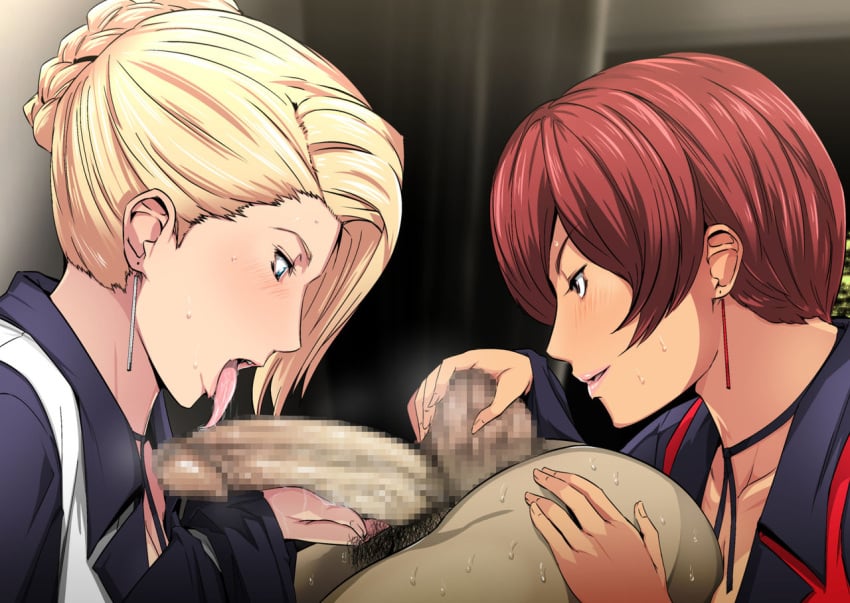 1boy 2girls big_breasts blonde_hair blue_eyes breasts brown_eyes censored censored_penis cleavage clothed_female_nude_male earrings faceless_male female femdom greco_roman_(spiral_brain) gureko_rouman hair_bun hair_over_one_eye king_of_fighters licking_penis long_hair long_skirt male mature_(kof) mature_female mature_woman necktie nude_male partially_clothed red_hair shirt short_hair skirt smirk snk sweat testicle_grab testicles threesome vice_(kof) voluptuous