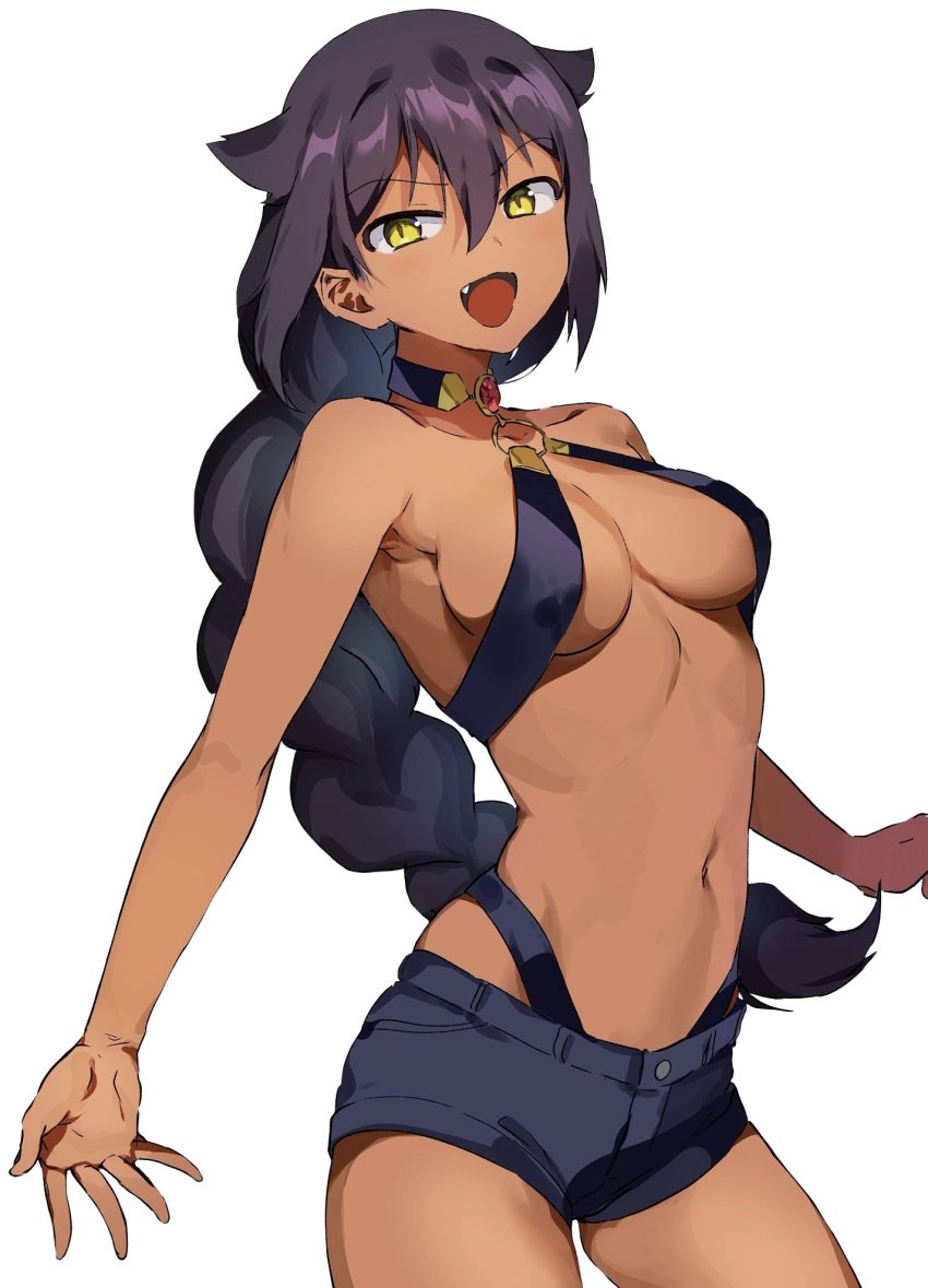 armpit barely_clothed big_breasts boobs braided_hair breasts cat_ears dark-skinned_female dark_skin ears jahy jahy_sama_wa_kujikenai! konbu_wakame long_hair purple_hair short_shorts shorts smug straps straps_across_chest thick_thighs thighs yellow_eyes