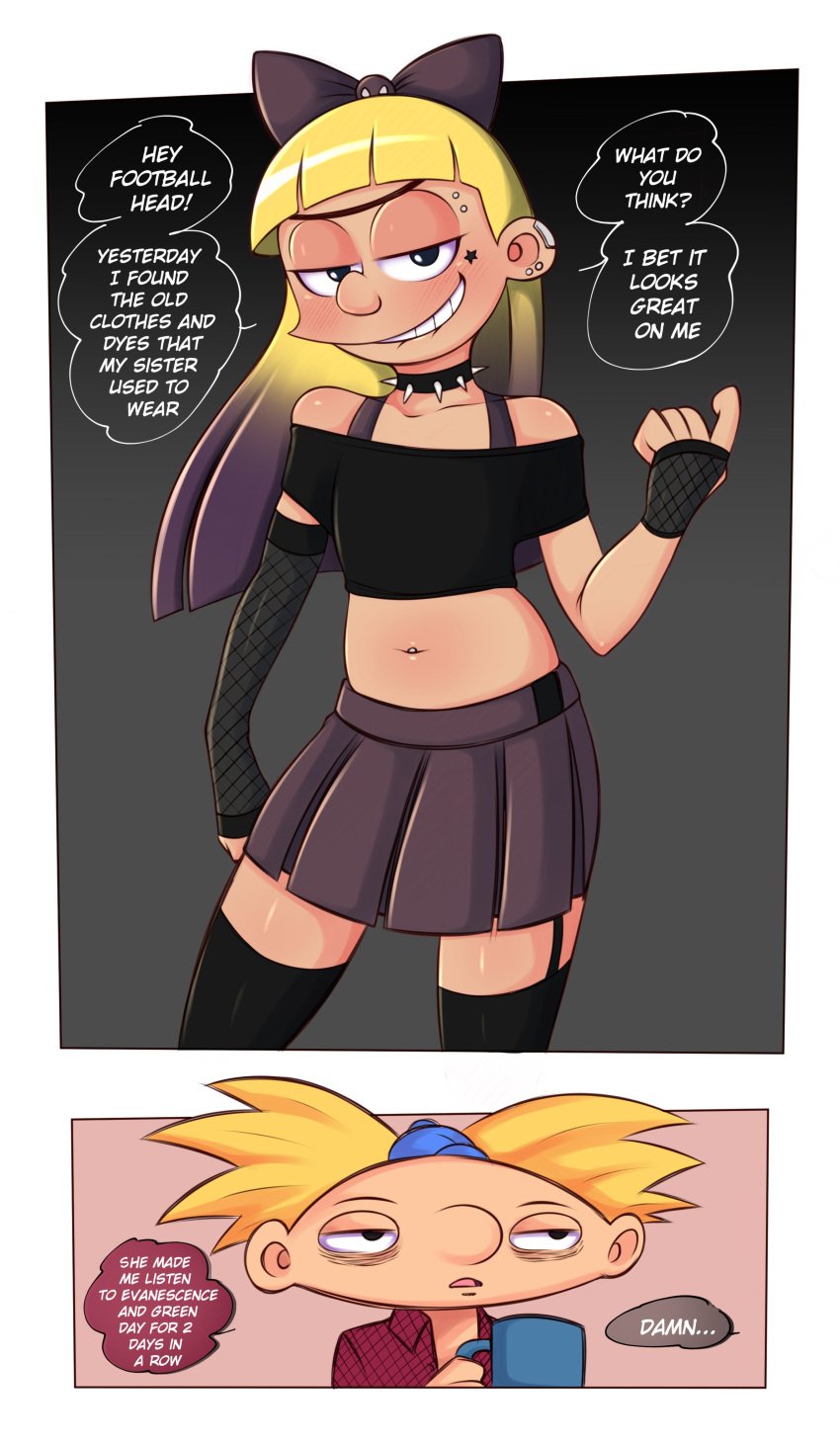 1boy 1girls 2021 5_fingers arnold_shortman black_eyes blonde_hair character comic commission cute dyed_hair female funny goth helga_pataki hey_arnold! humor long_hair male midriff navel nickelodeon saltyxodium suggestive tagme text tired