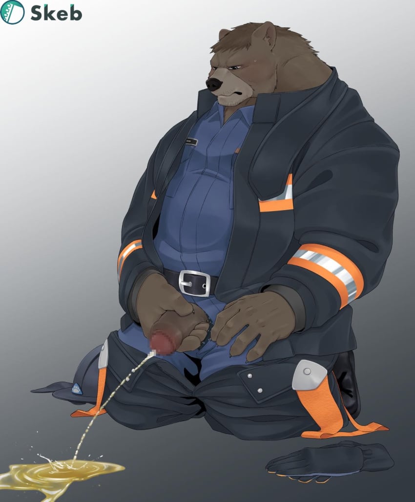 1boy 2021 anthro belly blush bodily_fluids bottomwear brown_body censored clothing firefighter fur furry genital_fluids genitals hi_res humanoid_genitalia humanoid_hands humanoid_penis kemono kumao male male_only mammal overweight overweight_male pants peeing penis shirt simple_background solo topwear urine ursid