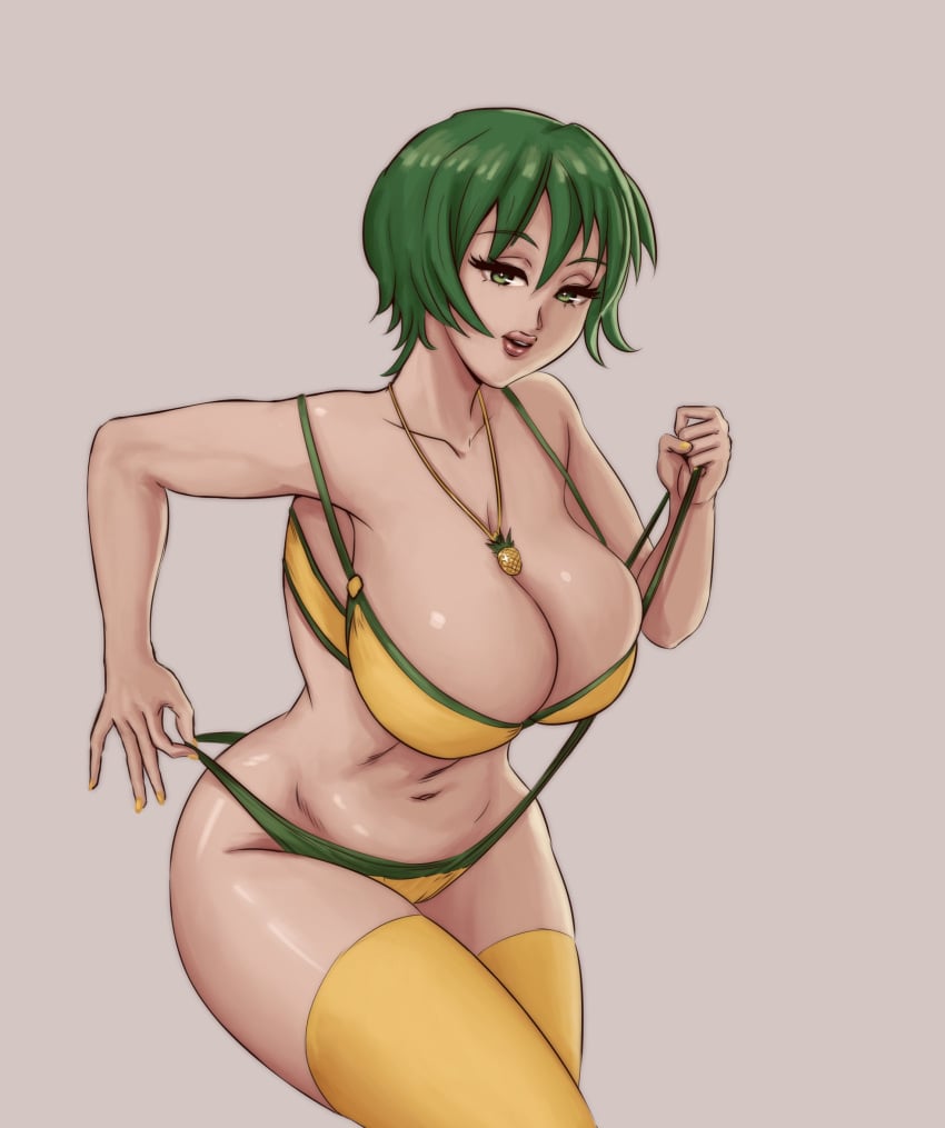 1girls bikini bikini_bottom_pull bikini_pull breasts cleavage female female_only green_eyes green_hair juiceofyellow large_breasts looking_at_viewer navel necklace open_mouth original original_character plain_background shiny_skin short_hair solo thighhighs voluptuous