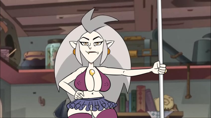 accurate_art_style bra cleavage diklonius disney disney_channel disney_xd eda_clawthorne edit female golden_eyes gray_hair huge_breasts long_gray_hair long_hair mature_female milf nipple_bulge nipples_visible_through_clothing panties pokies screenshot_edit skirt smooth_skin staff stockings the_owl_house thick_thighs tutu