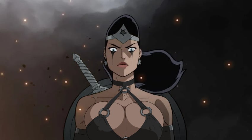 aggressive big_breasts black_hair blue_eyes breasts choker cleavage dc_comics dcuaom diana_prince diklonius edit huge_breasts justice_league justice_society:_world_war_ii lips nipple_bulge nipples_visible_through_clothing pale-skinned_female pale_skin ponytail screenshot_edit shield sideboob skimpy sword tomorrowverse wonder_woman wonder_woman_(series)