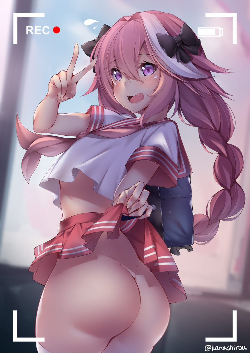 1boy absurd_res ass ass_focus astolfo_(fate) backpack big_ass big_butt blurred_background blurry_background blush bow braided_hair bubble_ass bubble_butt crossdressing cute_fang dat_ass fate/grand_order fate_(series) femboy hair_ribbon hairbow highres hips kanachirou long_hair looking_at_viewer nervous nervous_smile no_panties no_underwear oerba_yun_fang open_mouth overlay pink_eyes pink_hair recording school_uniform skirt skirt_lift sweat sweatdrop thighhighs v_sign watermark white_highlights white_shirt