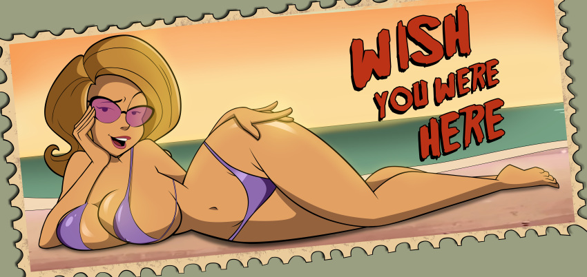 1girls 2023 accurate_art_style beach beach_towel bedroom_eyes big_breasts bikini brown_hair cartoon_network commission glasses grimphantom hand_on_head hand_on_hip laying_down looking_at_viewer open_mouth postcard purple-tinted_eyewear purple_bikini purple_swimsuit scooby-doo scooby-doo_abracadabra-doo seductive seductive_eyes seductive_look seductive_mouth sunglasses text tinted_eyewear treena treena_(abracadabra-doo) warner_brothers wide_hips