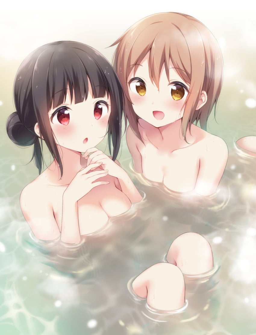 2girls :d afloat bangs bath bathing black_hair blush breasts brown_eyes brown_hair collarbone commentary_request eyebrows_visible_through_hair hazuki_(sutasuta) highres medium_breasts multiple_girls nude open_mouth original partially_submerged red_eyes sidelocks sitting small_breasts smile towel water wet