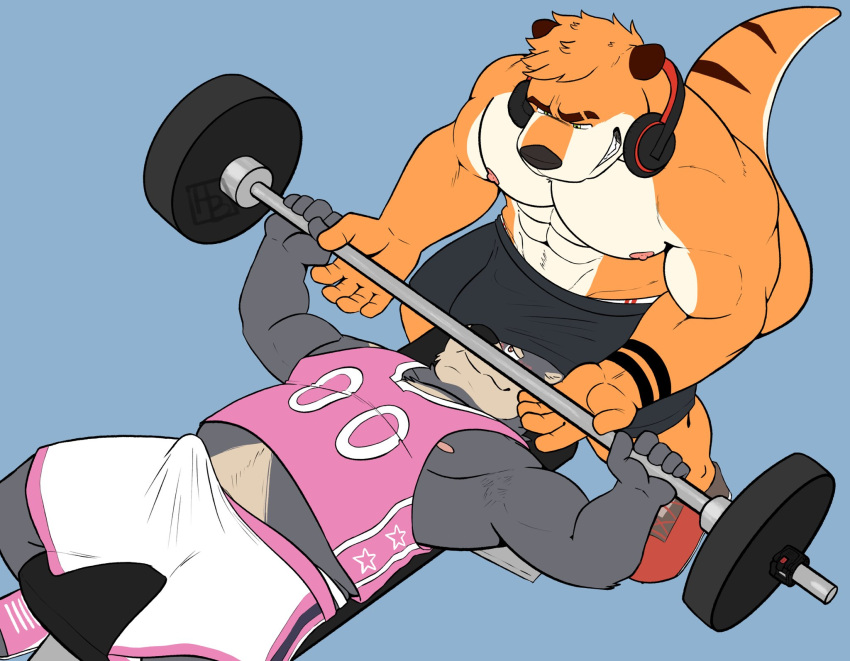 2021 abs anthro anthro_on_anthro barbell big_bulge big_muscles blue_background bottomwear bulge bulge_in_face clothed clothing duo erection erection_under_clothing exercise eyebrows footwear fur hashburrowns headphones headphones_around_neck hi_res lutrine lying male male/male mammal muscular muscular_anthro muscular_male mustelid narrowed_eyes nipples on_back pecs shirt shoes shorts simple_background smile standing tank_top teeth tenting topless topless_anthro topless_male topwear tuft ursid weight_bench weightlifting workout