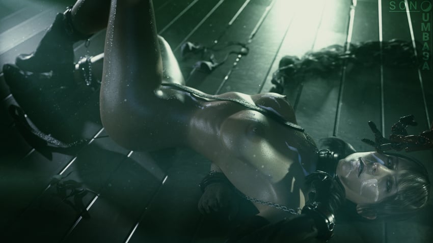 1girls 3d big_ass big_breasts boots bound breasts brown_hair cuffed cum_on_face dark_hair female gloves light-skinned_female metal_gear_solid_v nude_female quiet_(metal_gear) side_view son_umbasa wet wet_skin