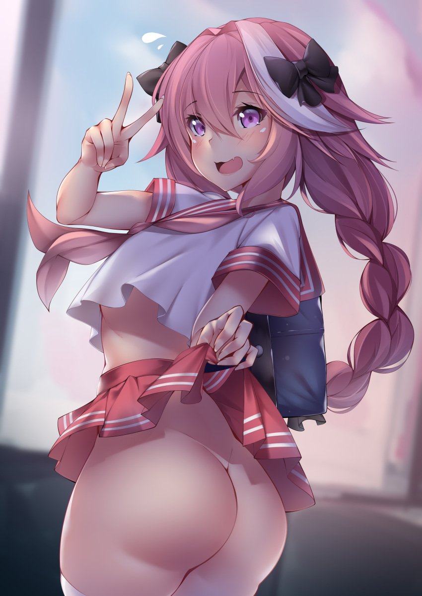 1boy absurd_res ass ass_focus astolfo_(fate) backpack big_ass big_butt blurred_background blurry_background blush bow braided_hair bubble_ass bubble_butt crossdressing cute_fang dat_ass fate/grand_order fate_(series) femboy hair_ribbon hairbow highres hips kanachirou long_hair looking_at_viewer nervous nervous_smile no_panties no_underwear oerba_yun_fang open_mouth pink_eyes pink_hair school_uniform skirt skirt_lift sweat sweatdrop thighhighs v_sign white_highlights white_shirt