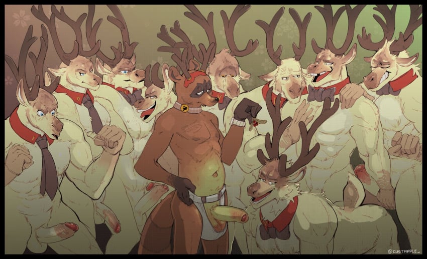 2021 anthro ass ball_fondling balls big_balls biped blue_eyes bow_tie bow_tie_only brown_body brown_fur canid canine capreoline cervid clothing collar custapple erection fake_antlers fondling foreskin fur furry_only gay genitals green_eyes group hi_res humanoid_genitalia humanoid_penis male male/male male_only mammal mostly_nude multicolored_body multicolored_fur muscular muscular_anthro muscular_male necktie necktie_only penis raccoon_dog reindeer retracted_foreskin tan_body tan_fur underwear white_body white_fur yellow_eyes