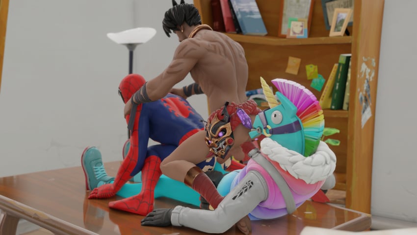 3d anal anthro_penetrating_human ass back_muscles balls beard big_penis blue_body double_penetration feet fortnite gay grabbing_shoulders half-dressed llama llambro_(fortnite) lying_on_table male male_only marvel marvel_comics masked muscular_male peter_parker raz_(fortnite) ribbons shoes_on spider-man spider-man_(fortnite) straight_hair suit tattoos threesome uncensored unicorn_horn yaoi