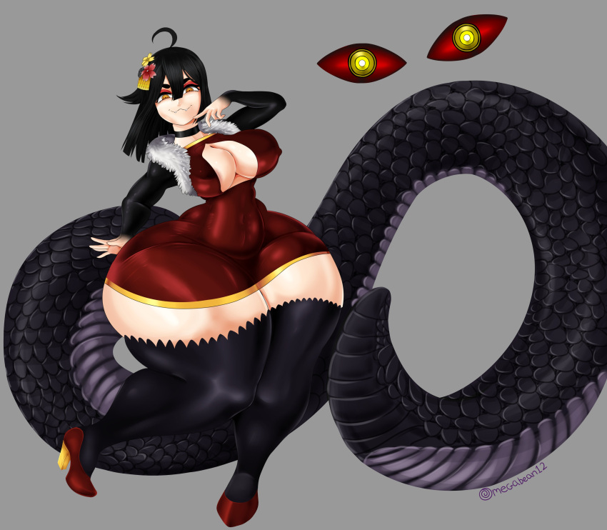 1girls ass big_ass black_hair clothed clothing dress flower_in_hair hair high_heels huge_ass humanoid hyper_ass indie_virtual_youtuber long_tail looking_at_viewer omegabean reptile reptile_humanoid saavlewd scalie scalie_humanoid shoes snake snake_girl snake_tail solo tail thick_thighs virtual_youtuber wide_hips