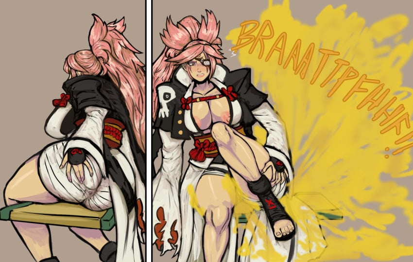 72hoka ass baiken big_breasts breasts cleavage excessive_fart fart fart_cloud fart_everywhere fart_fetish farting female guilty_gear hyper_fart nipples pink_hair ponhoka