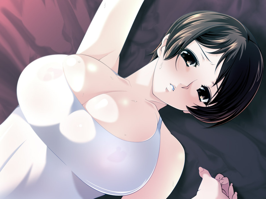 1girls aoi_nagisa_(artist) blush breasts brown_eyes brown_hair bursting_breasts cleavage female female_only huge_breasts human looking_up lying nipples see-through short_hair solo super_real_mahjong super_real_mahjong_p7 sweat tight_clothes toyohara_etsuko