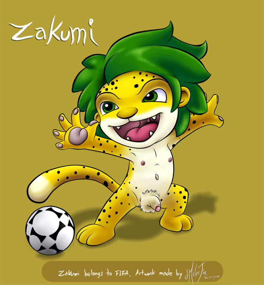 1boy ball barefoot feet fifa green_eyes green_hair leopard male male_only mascot official pad pads penis soccer soft solo spots spotted tail testicles text toes zakumi