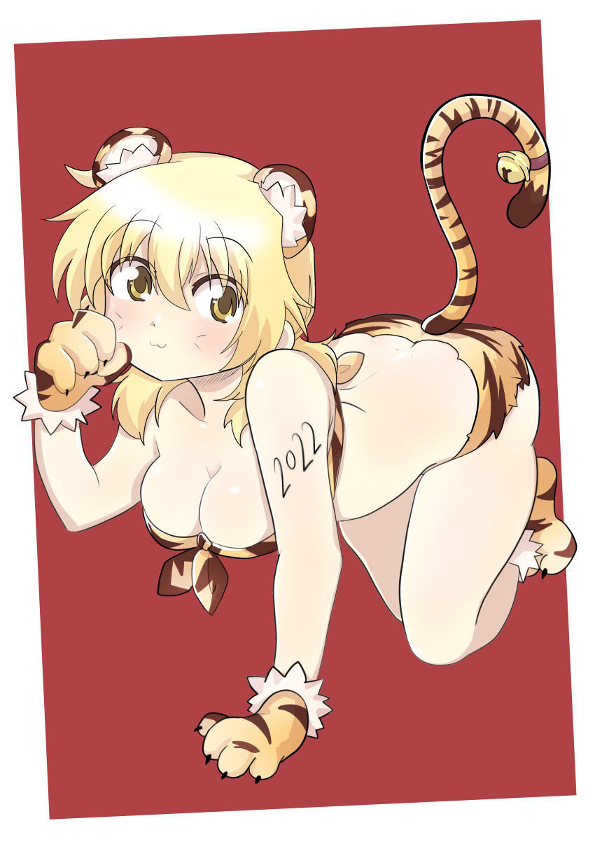 absurdres all_fours animal_ears animal_print blonde_hair blush breasts brown_eyes cleavage commission commissioner_upload dard_drak fake_animal_ears fake_tail female hidamari_sketch highres long_hair looking_at_viewer miyako new_year red_background smile solo tail tiger_ears tiger_print tiger_tail year_of_the_tiger