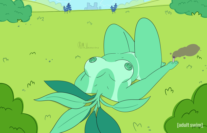 anthro big_ass draca_(tuca_and_bertie) elemental_creature elemental_humanoid female flora_fauna for_a_head green_body green_skin laying_on_back mr_valentine00 netflix nude plant plant_humanoid smoking solo tuca_and_bertie