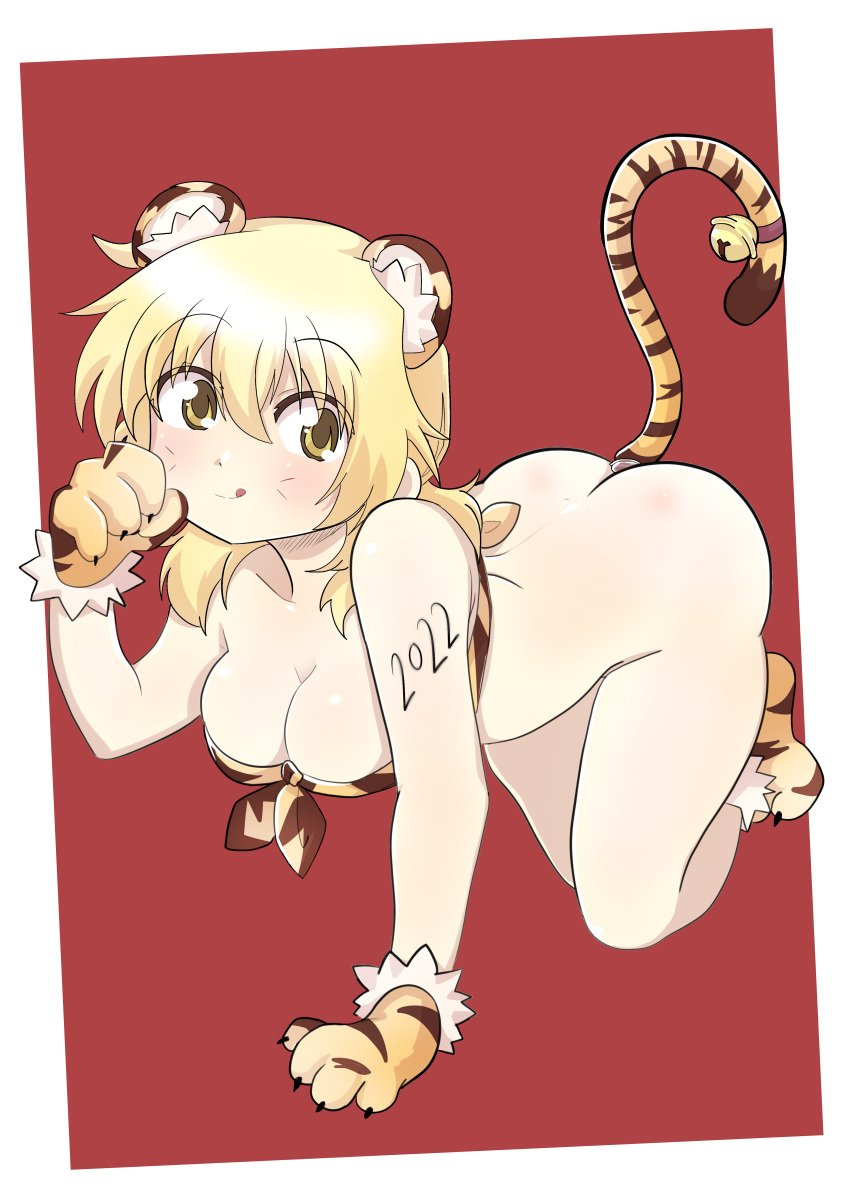 absurdres all_fours anal anal_object_insertion anal_tail animal_ears animal_print ass blonde_female blonde_hair blush bottomless breasts brown_eyes cleavage commission commissioner_upload dard_drak fake_animal_ears fake_tail female female_only hidamari_sketch highres long_hair looking_at_viewer miyako new_year object_insertion red_background smile solo tail tiger_ears tiger_print tiger_tail tongue tongue_out year_of_the_tiger