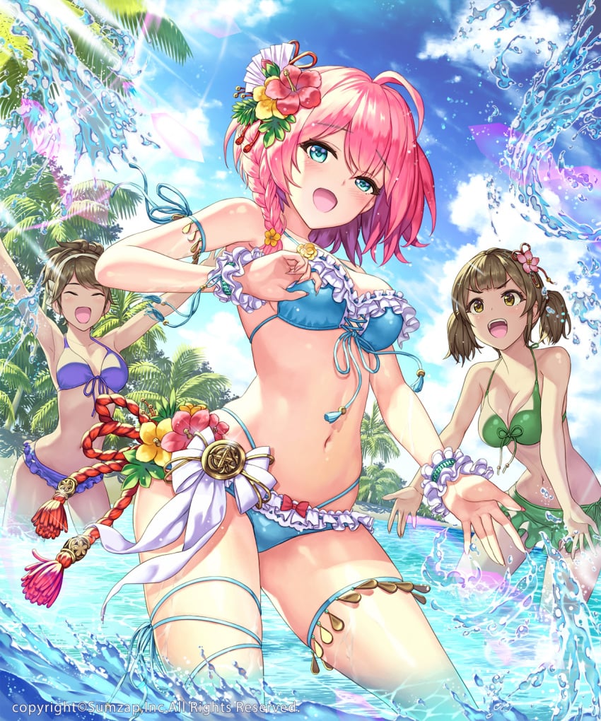 3girls :d ^_^ ahoge armpits arms_up asymmetrical_hair bare_arms bare_shoulders beach bikini bikini_skirt blue_bikini blue_eyes blue_sky blush braid breasts brown_eyes brown_hair cleavage closed_eyes cloud cloudy_sky day female flower frilled_bikini frilled_swimsuit frills front-tie_bikini front-tie_top garter green_bikini group hair_flower hair_ornament hairband halter_top halterneck happy hhama hibiscus high_resolution highleg highleg_bikini highleg_swimsuit large_breasts lens_flare long_hair looking_at_viewer medium_breasts multiple_girls navel ocean official_art open-mouth_smile open_mouth outdoors palm_tree partially_submerged pink_flower pink_hair ponytail purple_bikini red_flower ribbon rope sengoku_enbu_-kizna- short_hair side_ponytail single_braid sky smile stomach summer sunlight swimsuit tassel tied_hair tree twintails v-shaped_eyebrows wading water watermark wet white_ribbon wrist_cuffs yellow_eyes yellow_flower