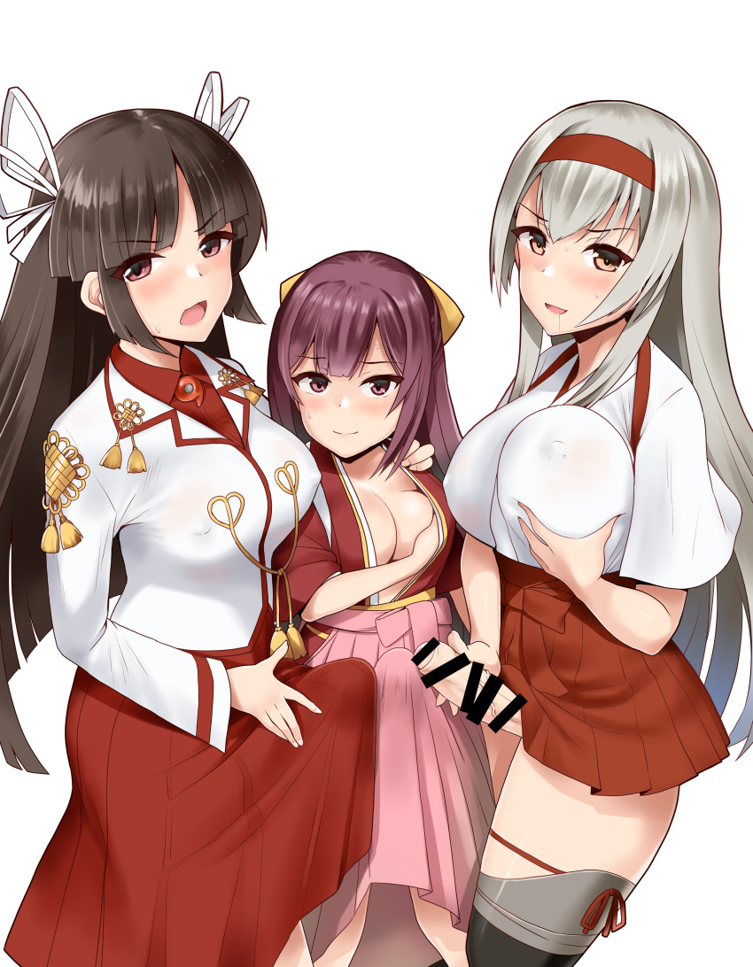 3futas absurdres bar_censor big_breasts big_penis black_hair black_legwear blush breast_grab breasts brown_eyes censored cleavage closed_mouth clothed clothing collarbone collared_shirt commission dress_shirt erection erection_under_clothes erection_under_skirt eyebrows_visible_through_hair fully_clothed futa_only futanari hair_between_eyes hair_ribbon hakama hakama_skirt headband high-angle_view highres hime_cut hiyou_(kantai_collection) human japanese_clothes kamikaze_(kantai_collection) kantai_collection kimono large_breasts light-skinned_futanari light_skin long_hair long_sleeves looking_at_viewer magatama meiji_schoolgirl_uniform minase_(takaoka_nanase) mostly_clothed multiple_girls open_mouth orange_eyes pale_skin penis pink_hakama purple_eyes purple_hair red_hakama red_headband red_kimono red_shirt ribbon shirt shoukaku_(kantai_collection) simple_background skeb_commission skirt standing tasuki tenting thighhighs white_background white_hair white_ribbon yellow_ribbon