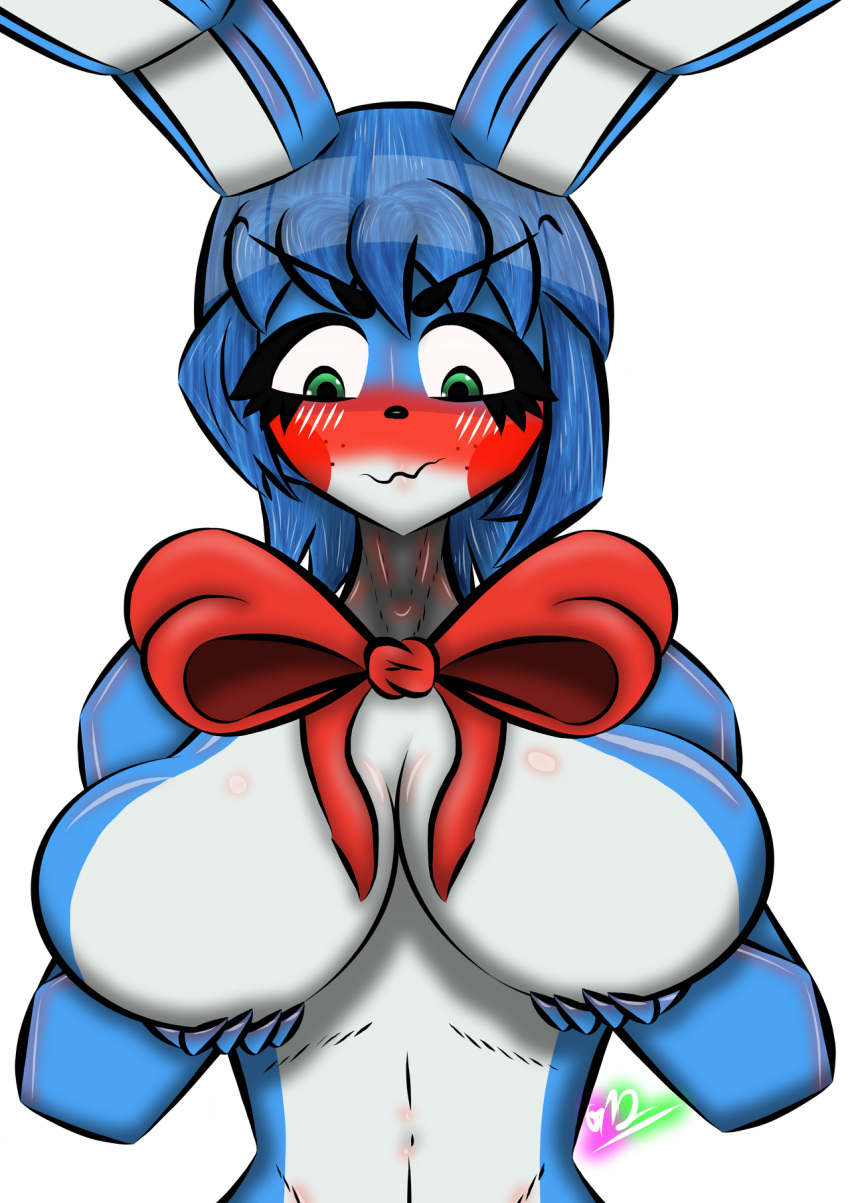 1girls black_nose blue_hair blush bob_cut bow breast_lift bunny_ears five_nights_at_freddy's five_nights_at_freddy's_2 five_nights_in_anime five_nights_in_anime_2 fnaf freckles glaz12 green_eyes large_breasts long_eyelashes looking_at_breasts mascara navel rabbit red_cheeks shy simple_background solo standing toy_bonnie_(fnaf) transparent_background