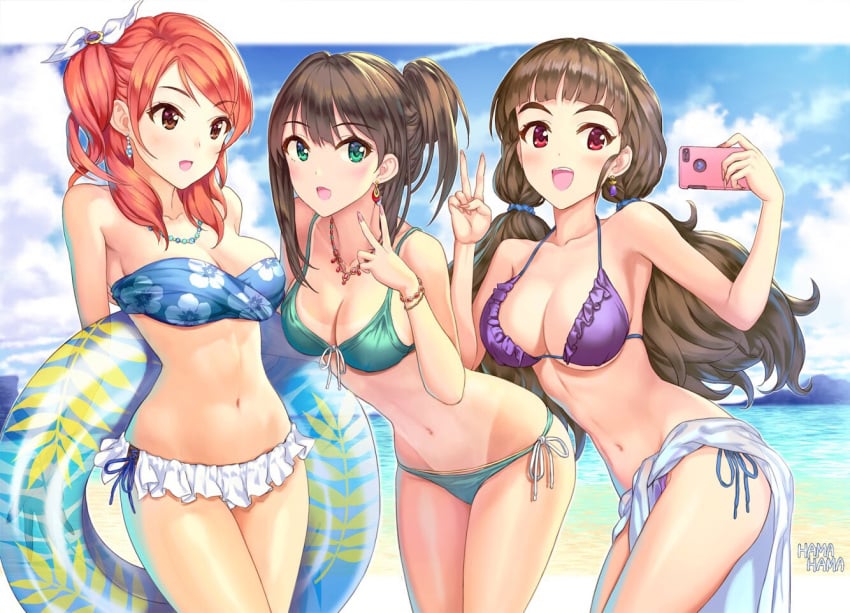 3girls :d alternative_hairstyle amethyst_(gemstone) aqua_eyes arched_back archway_of_venus armpits arms_behind_back artist_name asymmetrical_hair bangs bare_shoulders beach bead_necklace beads big_hair bikini bikini_top black_hair blue_bikini blue_bikini_top blue_scrunchie blunt_bangs blush bow bra bracelet breasts brown_eyes brown_hair cellphone cellphone_camera clavicle cleavage clothes_around_waist clothing cloud cloudy_sky condensation_trail cowboy_shot day earrings exposed_shoulders eyebrows eyebrows_visible_through_hair female female_only fingernails floral_print folded_ponytail frilled_bikini frilled_swimsuit frills front-tie_top gem green_bikini green_eyes groin group hair_ornament hair_ribbon hair_scrunchie hairbow halter_top halterneck hand_gesture hands_up happy hhama high_ponytail hip_focus hips holding holding_cellphone holding_innertube holding_object holding_phone holding_smartphone hoodie horizon houjou_karen idol_unit_(the_idolm@ster_cinderella_girls) idolmaster idolmaster_cinderella_girls in_profile innertube jewelry kamiya_nao large_breasts leaf_print leaning_forward long_fingernails long_hair looking_at_viewer looking_away low_twintails medium_breasts medium_hair mismatched_bikini mountainous_horizon multiple_girls nail_polish navel necklace ocean one-piece_tan one_side_up open-mouth_smile open_mouth orange_hair outdoors outside_border phone pink_nails pixiv_id_1128428 ponytail print_bikini print_swimsuit purple_bikini red_eyes ribbon ruby_(gemstone) sapphire_(gemstone) sarong scrunchie self_shot shibuya_rin short_ponytail side-tie_bikini side-tie_bottom side_ponytail sidelocks sky slender_waist smartphone smartphone_case smile standing strapless strapless_bikini strapless_swimsuit string_bikini swept_bangs swimsuit taking_picture tanlines tanned teeth thick_eyebrows thighs tied_hair transparent triad_primus trio twintails underboob upper_teeth v waist water wavy_hair white_bow white_hoodie white_ribbon white_sarong wide_hips