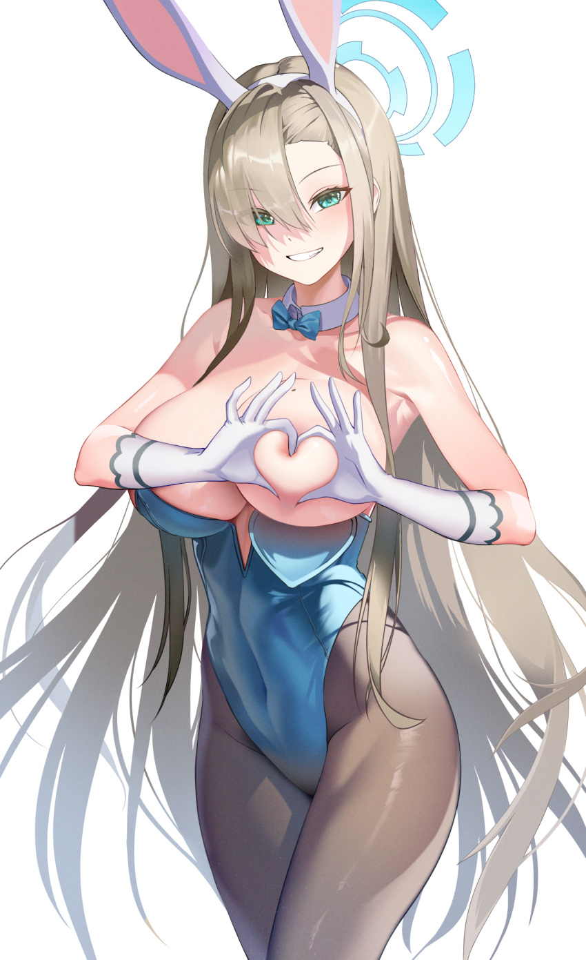 animal_ears areola areola_slip asuna_(blue_archive) asuna_(bunny)_(blue_archive) blue_archive blue_bow blue_bowtie bow bowtie breasts brown_hair brown_legwear cleavage covered_navel detached_collar fake_animal_ears female gloves green_eyes hair_between_eyes halo heart-shaped_boob_challenge highres large_breasts long_hair looking_at_viewer manda manda_(manda9n) millennium_science_school_student mole mole_on_breast pantyhose playboy_bunny rabbit_ears solo very_long_hair white_gloves