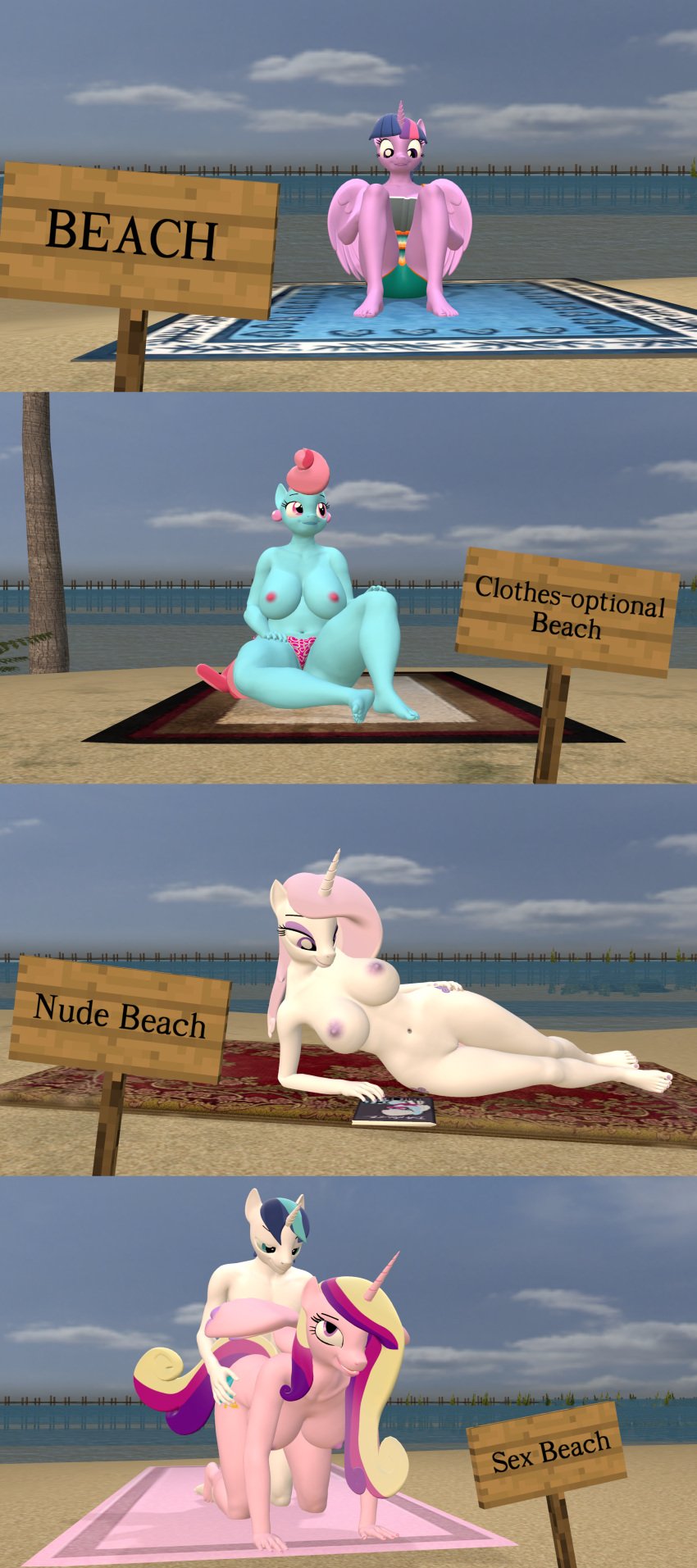 1boy 3d 4girls absurd_res alicorn all_fours beach big_breasts bikini bikini_bottom breasts clothed clothing cup_cake_(mlp) digital_media_(artwork) equid equine female female_penetrated fleur_de_lis_(mlp) friendship_is_magic from_behind_position genitals hasbro hi_res horn husband_and_wife male male/female male_penetrating mammal married_couple mature_female my_little_pony nude nude_beach papadragon69 penetration princess_cadance_(mlp) pussy seaside sex shining_armor_(mlp) swimwear topless twilight_sparkle_(mlp) unicorn wings