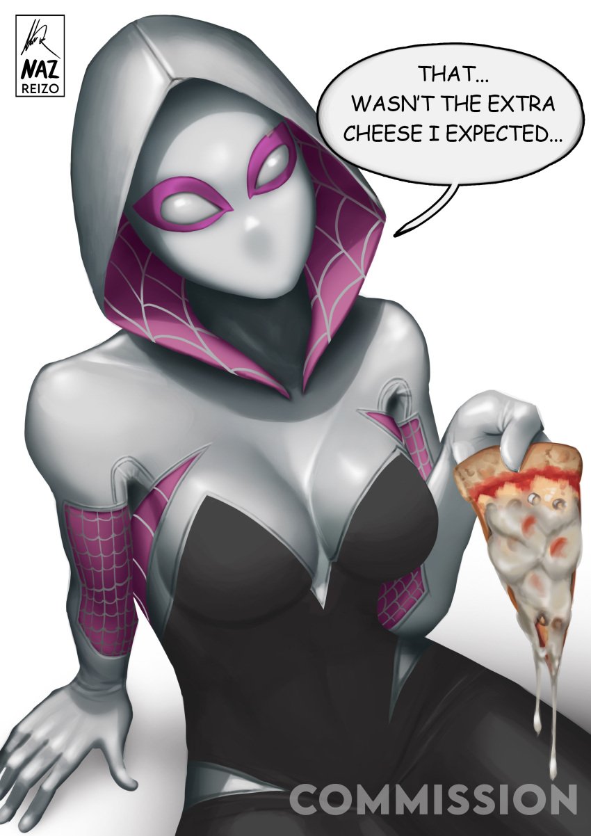 commission covered_face cum_on_food dialogue facial female gwen_stacy hood looking_at_viewer marvel mask masked masked_female nazreizo_(artist) no_face pizza simple_background skintight skintight_suit spider-gwen spider-man:_into_the_spider-verse