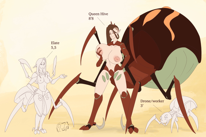 ambiguous_gender animal_humanoid arachne arachnid arachnid_humanoid areola arthropod arthropod_humanoid big_breasts breasts european_mythology exposed_breasts female feral greek_mythology group hair hi_res hive(qc) holding_breast huge_breasts humanoid humanoid_pointy_ears hyper insect_humanoid insects larger_female looking_at_viewer monster_girl mostly_nude multi_arm multi_leg multi_limb mythology nipples quest_counter simple_background size_difference smaller_ambiguous smaller_female smile spider taur