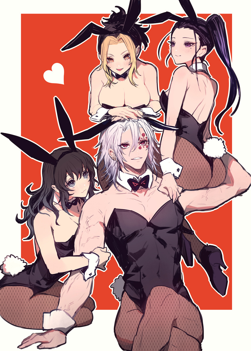 1boy 3girls alternate_costume ambush_(trap) big_breasts black_hair bunny_boy bunny_ears bunny_girl bunny_tail bunnysuit canon_couple cleavage crossdressing cute demon_slayer detached_collar female fishnets hair_down hinatsuru_(kimetsu_no_yaiba) husband_and_wife husband_and_wives iwatokko kimetsu_no_yaiba long_hair makio_(kimetsu_no_yaiba) male male_playboy_bunny married_couple mole_under_eye muscular_male pantyhose playboy_bunny ponytail red_background silver_hair sitting_on_person skin_tight suma_(kimetsu_no_yaiba) the_wives_(kimetsu_no_yaiba) two_tone_hair uzui_tengen wholesome wrist_cuffs