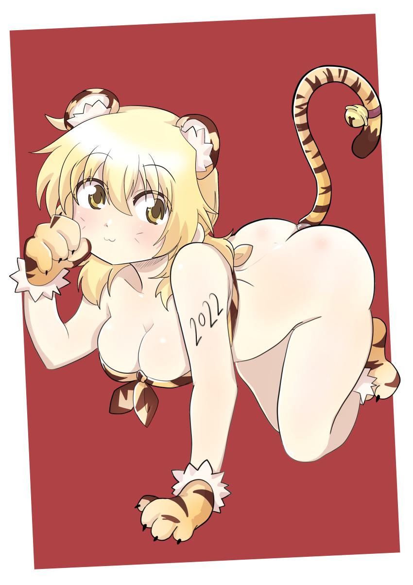 absurdres all_fours anal_object_insertion anal_tail animal_ears animal_print ass blonde_hair blush bottomless breasts brown_eyes cleavage commission commissioner_upload dard_drak fake_animal_ears fake_tail female hidamari_sketch highres long_hair looking_at_viewer miyako new_year red_background smile solo tail tiger_ears tiger_print tiger_tail tongue tongue_out year_of_the_tiger