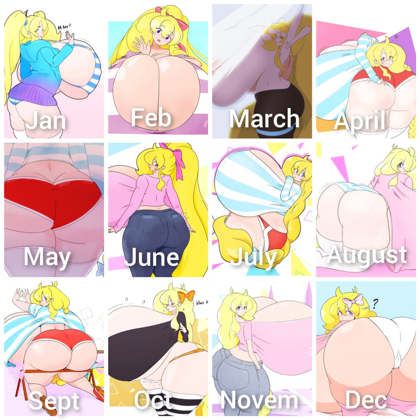 anthology ass_cleavage butt_crack calender cassie_(theycallhimcake) collection huge_ass huge_breasts hyper_breasts looking_at_viewer purple_eyes riley_moore_(artist) thick_thighs yellow_hair