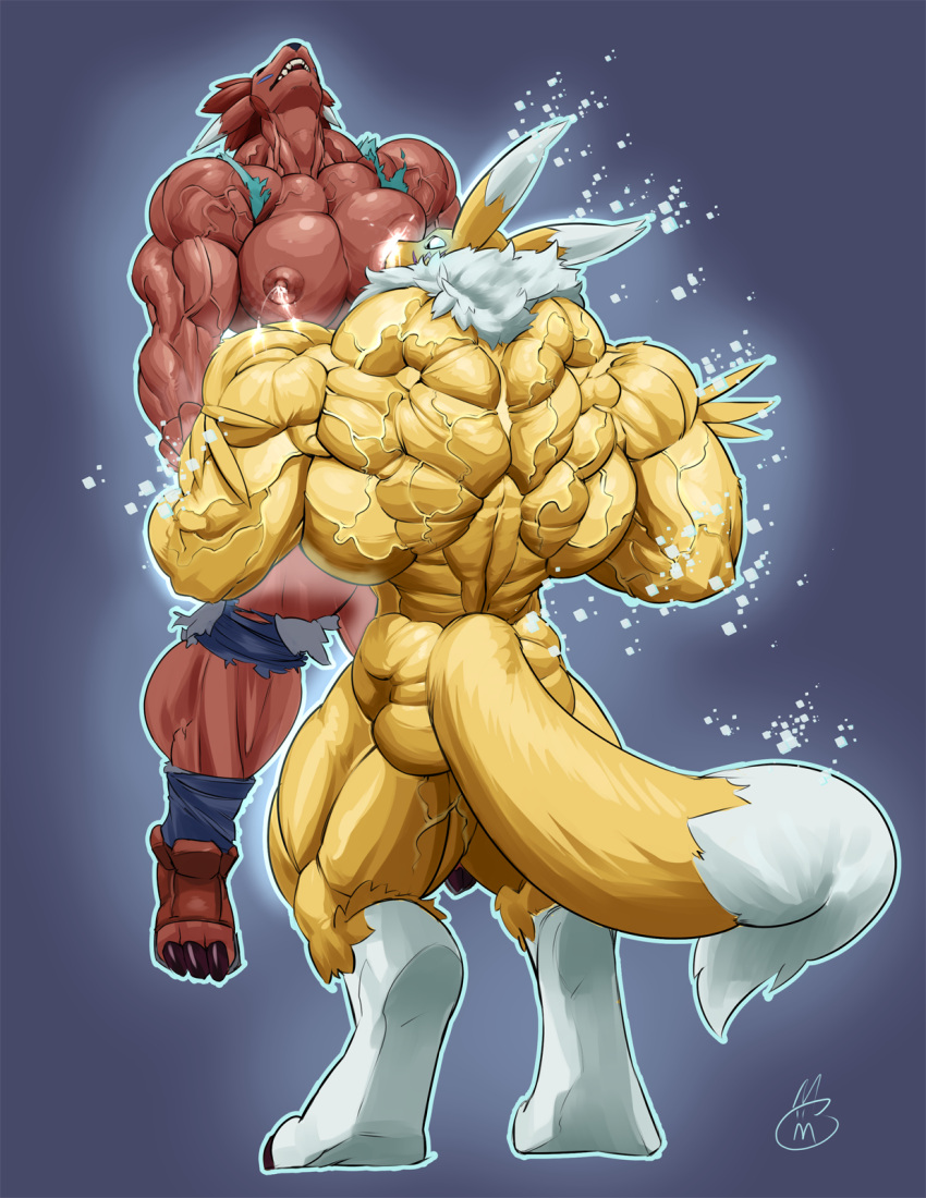 2021 anthro anthro_only bandai_namco big_muscles bodily_fluids bottomwear breast_milking breasts canid canine carrying_partner clothing denim denim_clothing digimon digimon_(species) drinking_milk duo female female/female fox growth hi_res huge_muscles hyper hyper_muscles jeans lactating mammal mivadoman muscle_growth muscular muscular_female nude pants renamon rika_nonaka simple_background size_difference torn_clothing transformation xylem