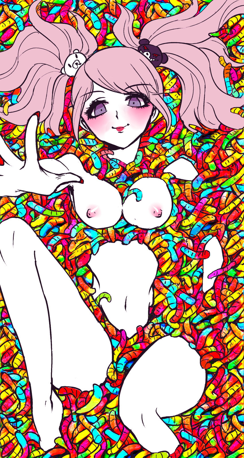 absurdres ankles bare_arms bare_legs bare_shoulders bare_stomach barefoot bear_hair_ornament blonde_hair blush bottomless candy convenient_censoring danganronpa danganronpa:_trigger_happy_havoc danganronpa_(series) danganronpa_1 eyebrows_visible_through_hair eyelashes fake_nails feet fingernail_polish fingernails food full_body grey_eyes gummy_worm gyaru hair_ornament highres junko_enoshima junkoexe legs long_eyelashes long_fingernails long_hair navel nipples nude pale_skin partially_submerged pink_hair reaching reaching_out straight_hair topless