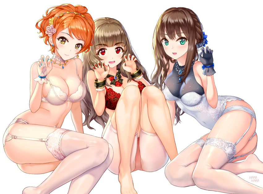 3girls :d aqua_eyes arm_support artist_name ascot ass bangs bare_shoulders barefoot bent_knees black_bow black_gloves blue_gloves blue_leotard blue_nails blue_ribbon blunt_bangs blush bodysuit bow bra breasts bridal_gauntlets brooch brown_eyes brown_hair choker clavicle claw_pose cleavage closed_mouth covered_navel earrings exposed_shoulders eyebrows eyebrows_visible_through_hair feet feet_apart female female_only fingerless_gloves fingernails flower flower_hair_ornament garter_belt garter_straps girdle gloves green_eyes group hair_flower hair_ornament hair_ribbon hand_up hands_up head_tilt hhama high_resolution hip_focus hips houjou_karen idol_unit_(the_idolm@ster_cinderella_girls) idolmaster idolmaster_cinderella_girls jewelry kamiya_nao knees_together knees_together_feet_apart knees_up lace lace_trim legs leotard light_background light_brown_hair lingerie long_hair looking_at_viewer medium_breasts multiple_girls nail_polish navel necklace no_shoes one_side_up open-mouth_smile open_mouth orange_hair pantsu paw_pose pendant pixiv_id_1128428 reclining red_bra red_eyes red_nails red_panties red_underwear ribbon see-through sharp_nails shibuya_rin short_hair shorts sidelocks simple_background sitting smile spats star star_(symbol) star_earrings star_hair_ornament swept_bangs tareme thick_eyebrows thighhighs thighs triad_primus trio underwear underwear_only waist white_background white_bodysuit white_bra white_gloves white_legwear white_panties white_shorts white_thighhighs white_underwear wrist_cuffs wristband yellow_eyes yokozuwari