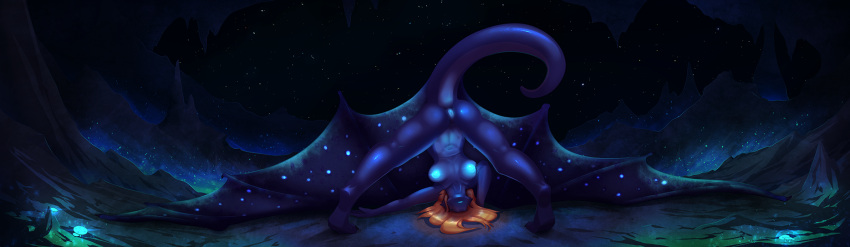 anthro ass blue_body breasts cave dragon female genitals glowing glowing_nipples hair hi_res littlenapoleon membrane_(anatomy) membranous_wings nipples nude presenting presenting_pussy pussy reptile scalie solo text watsup western_dragon wings