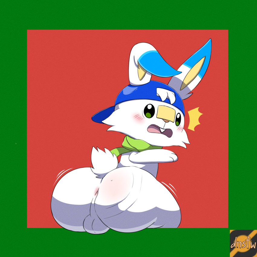 1:1 anthro anus ass backsack balls blush clothing digital_media_(artwork) fan_character fur furry furry_only genitals hat headgear headwear hi_res lagomorph looking_at_viewer looking_back male male_only mammal nintendo open_mouth pokémon_(species) pokemon reallydarkandwindie reddened_butt rev_the_scorbunny scarf scorbunny simple_background solo spank_marks spanked_butt spanking suprised_look tail tuft video_games white_body white_fur