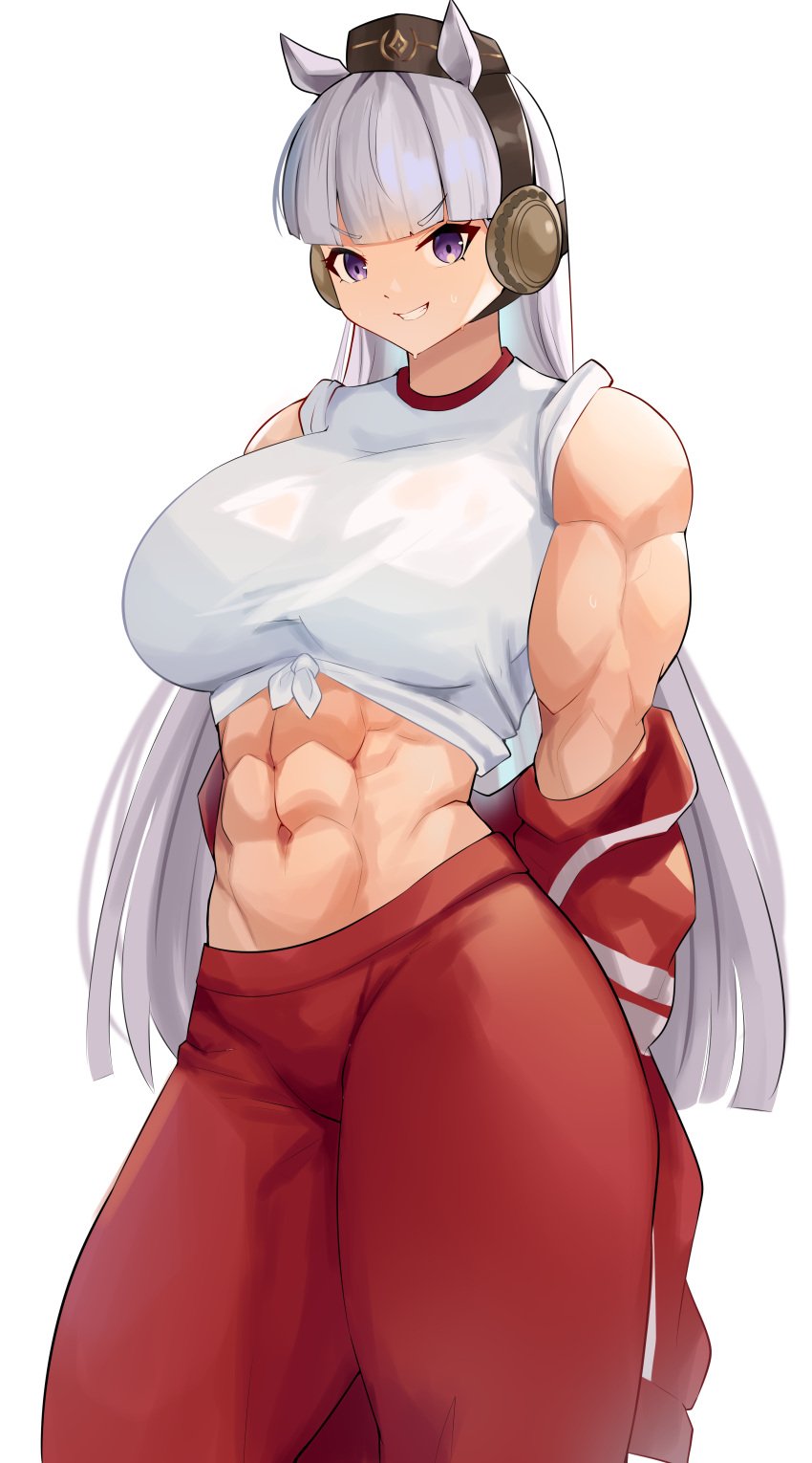 1girls abs absurdres animal_ears bangs blunt_bangs breasts brown_headwear cromwellb ear_covers female female_only front-tie_top gold_ship_(umamusume) grey_hair grin highres horse_ears horse_girl jacket light-skinned_female light_skin long_hair looking_at_viewer muscular muscular_female open_mouth pants pillbox_hat purple_eyes red_jacket red_pants shirt simple_background sleeves_rolled_up smile solo sportswear sweat t-shirt teeth tied_shirt toned track_jacket track_pants umamusume white_background