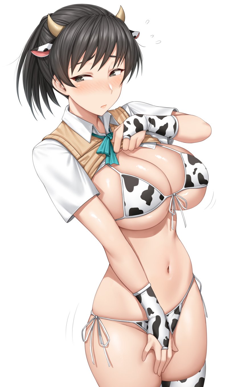 1girls amagami big_breasts bikini blush breasts cow_bikini cow_print female fingerless_gloves gloves short_hair solo standing thighhighs tsukahara_hibiki white_background yakimi_27