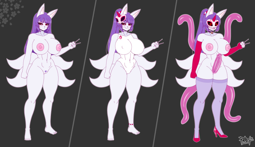 beauty_mark breasts canid canine clothing fox full-length_portrait futanari_transformation genitals hair hi_res mammal mask nipples penis portrait pubes purple_hair pussy razplus red_eyes swimwear tentacle