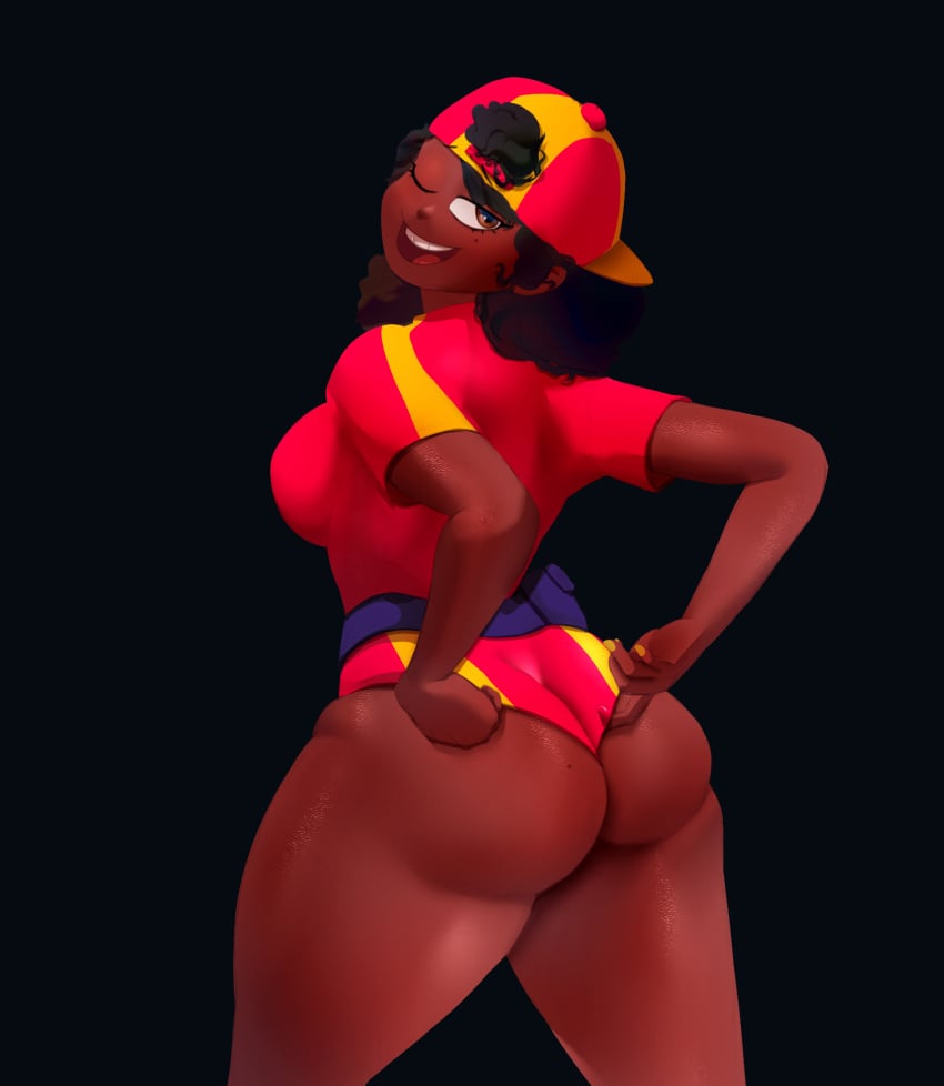 1girls ass backwards_baseball_cap brawl_stars brown_eyes curly_hair dark-skinned_female dark_hair dark_skin eathanontitan female female_only looking_back_at_viewer meg_(brawl_stars) shirt shorts supercell