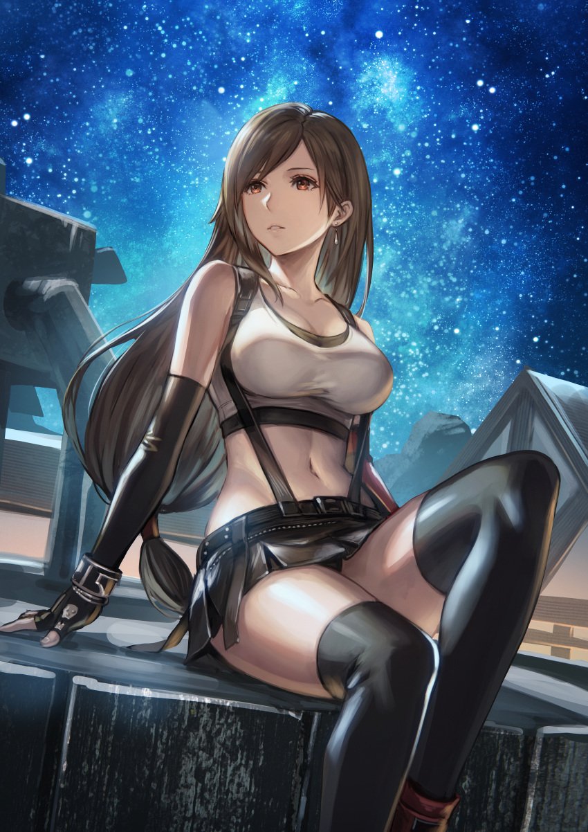 anbe_yoshirou arm_support bare_shoulders belt black_gloves black_legwear black_skirt breasts brown_eyes brown_hair building clavicle cleavage crop_top earrings elbow_gloves female final_fantasy final_fantasy_vii final_fantasy_vii_remake fingerless_gloves gloves high_resolution jewelry knee_up large_breasts large_filesize long_hair looking_away low-tied_long_hair midriff miniskirt navel night night_sky outdoors parted_lips ponytail shirt sitting skirt sky sleeveless sleeveless_shirt solo star_(sky) starry_sky stars stomach suspenders tank_top thighhighs thighs tied_hair tifa_lockhart very_high_resolution white_shirt