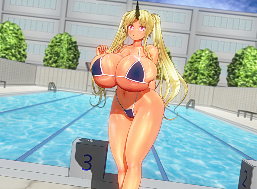 3d breast_expansion horn huge_breasts hyper hyper_breasts lumen_milkstein monster_girl monster_musume_no_iru_nichijou ogre_girl swimsuit tagme tionishia_(monster_musume)