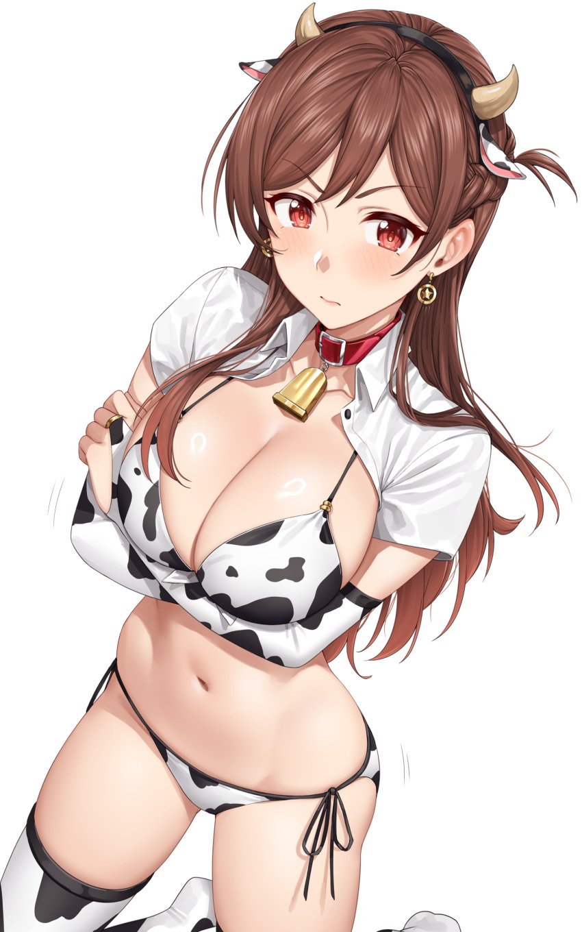 1girls big_breasts blush breasts brown_hair cow_bikini cow_ears cow_horns cow_print cowbell earrings eye_contact female kanojo_okarishimasu light-skinned_female light_skin long_hair looking_at_viewer mizuhara_chizuru solo standing thighhighs thighs white_background yakimi_27