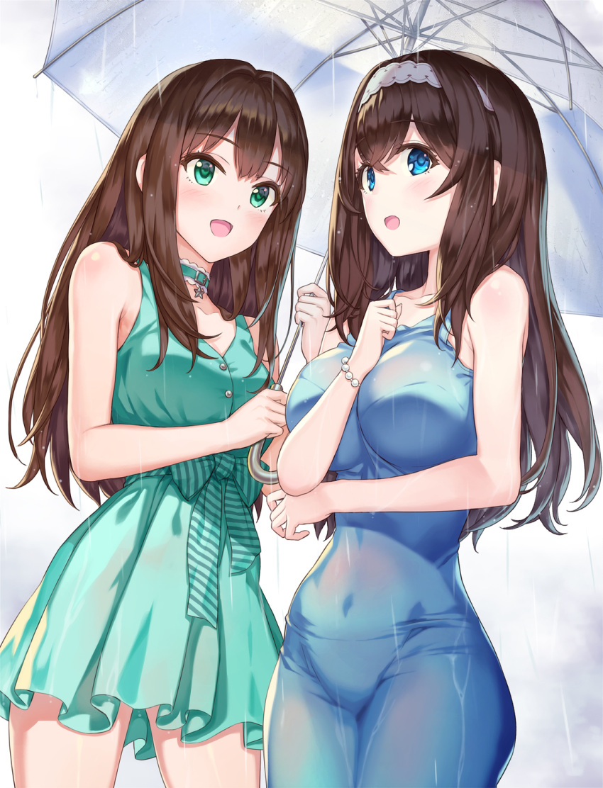 2girls aqua_eyes bangs bare_shoulders black_hair blue_dress blue_eyes blush bow_dress bra bra_visible_through_clothes bracelet bralines breasts brown_hair choker clavicle cleavage dress duo eyebrows_visible_through_hair female green_dress green_eyes hair_between_eyes headband hhama high_resolution holding_umbrella huge_breasts idolmaster idolmaster_cinderella_girls jewelry large_breasts long_hair looking_at_viewer medium_breasts multiple_girls open_mouth pantylines pixiv_id_1128428 rain sagisawa_fumika see-through shibuya_rin sidelocks simple_background sleeveless sleeveless_dress small_breasts smile standing umbrella underwear water_drop wet wet_clothes wet_dress white_background