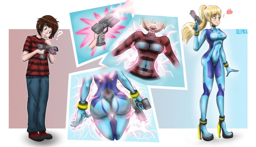 ass_expansion breast_expansion corruption covered_navel eye_color_change female gender_transformation genderswap genderswap_(mtf) hair_color_change hair_growth high_heels identity_death large_ass large_breasts lip_expansion lips metroid mtf_transformation rule_63 samus_aran skin_color_change slemka thick_thighs transformation transformation_sequence wide_hips zero_suit zero_suit_samus