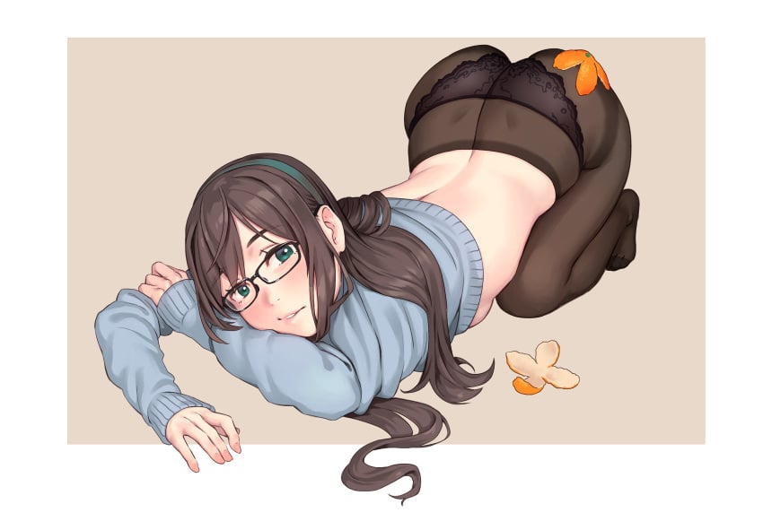 alternate_costume ass back big_ass black_legwear blush bottom_heavy breasts brown_hair clothes_pull eyebrows_visible_through_hair female glasses green_eyes hairband highres huge_ass kantai_collection lace-trimmed_panties lace_trim lips long_hair long_sleeves looking_at_viewer no_shoes ooyodo_(kantai_collection) orange_peel panties panties_under_pantyhose pantyhose semi-rimless_eyewear simple_background small_breasts smile solo sweater sweater_pull top-down_bottom-up underwear yuuji_(and)